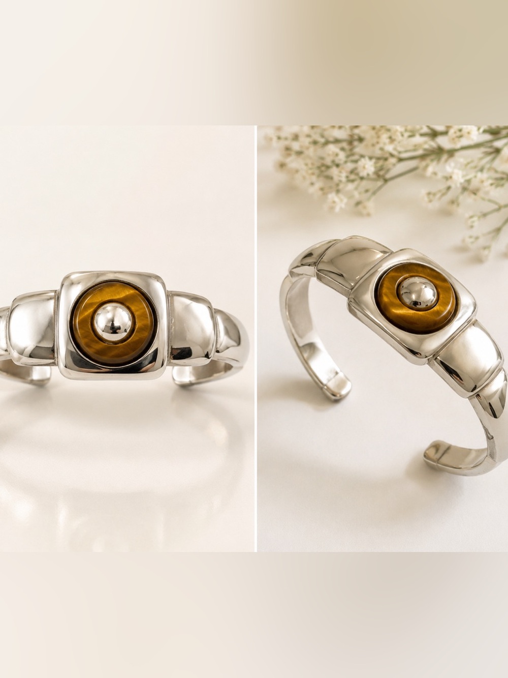 Vintage Les Bernard Tiger Eye Silver Tone Cuff Bracelet Signed Statement Jewelry